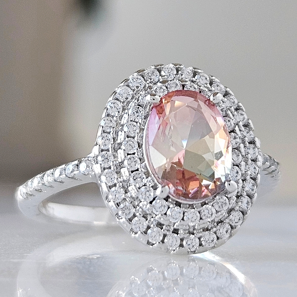 Oval Pastel Peach Color Gemstone Ring, 925 Sterling Silver Charmed Aroma